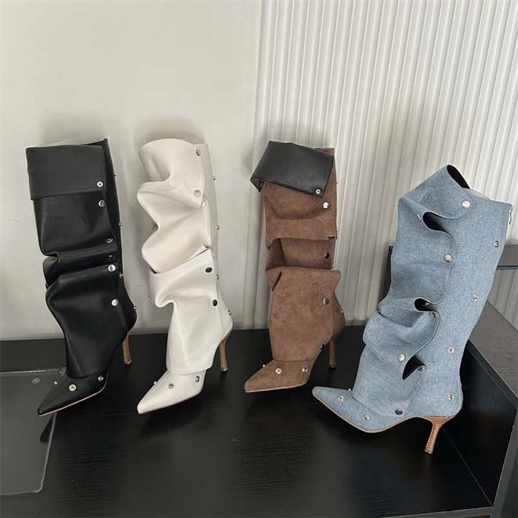 Women Knee High Boots for woman's Pointed Toe Strange Heels Botas Mujer 2024 Pleated Metal Buttons Show Shoes
